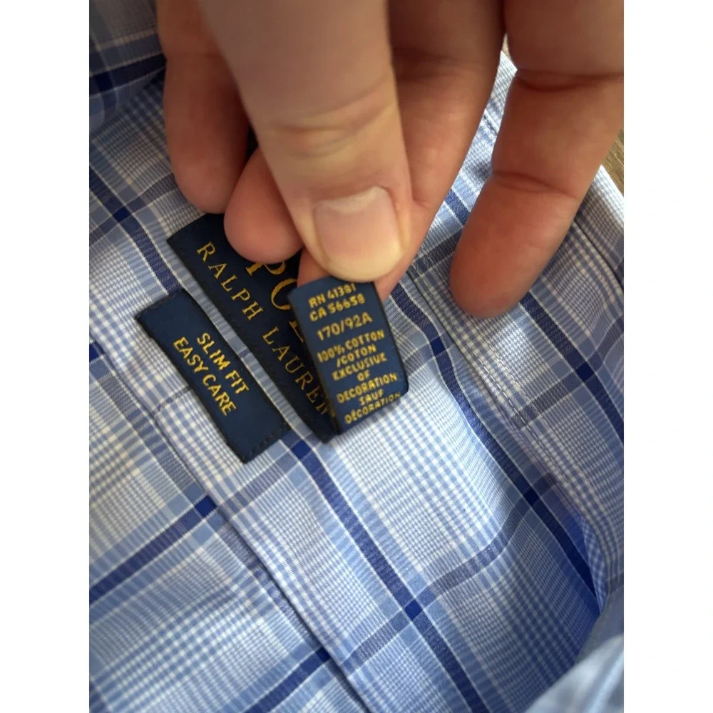 Polo Ralph Lauren Shirt Men 15.5 32/33 Blue Plaid Slim Fit Easy Care Long Sleeve